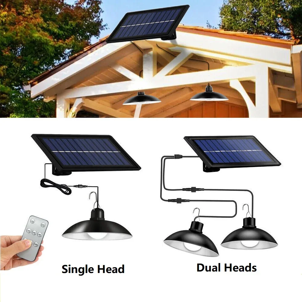 Lampes suspendues solaires à double tête, avec télécommande, pour hangar intérieur et extérieur, pour salle de rangement, cour, porche, jardin