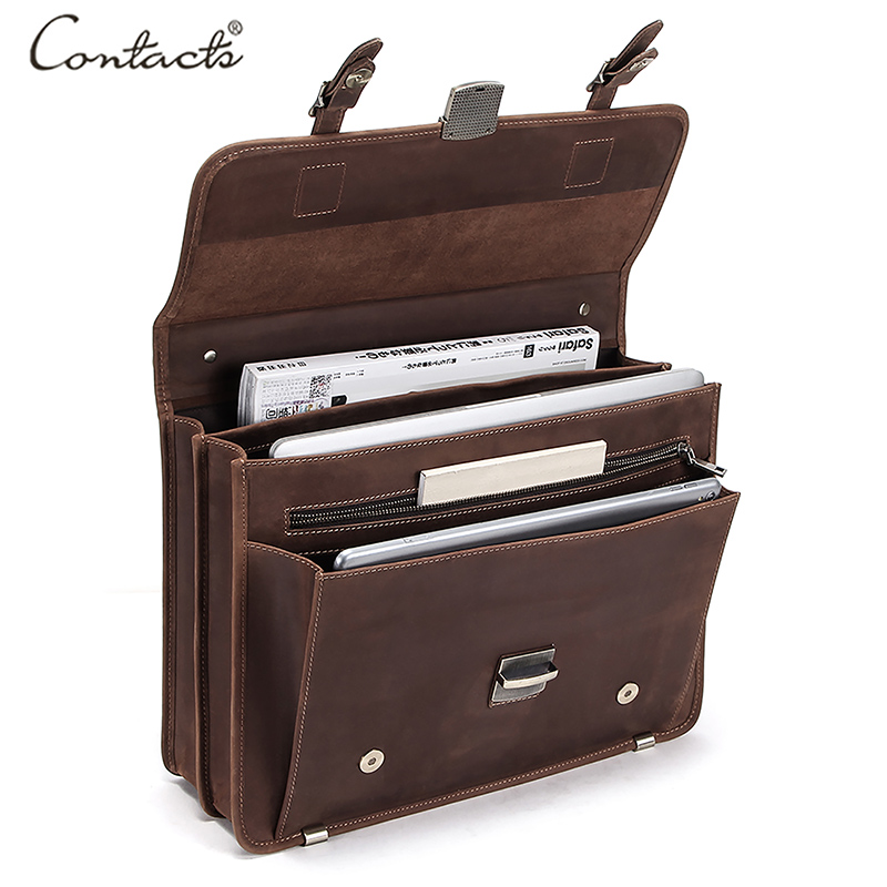 CONTACT'S-Bolso Retro para hombre, maletín de cuero Crazy Horse para ordenador portátil de 14 pulgadas, de gran capacidad, para negocios