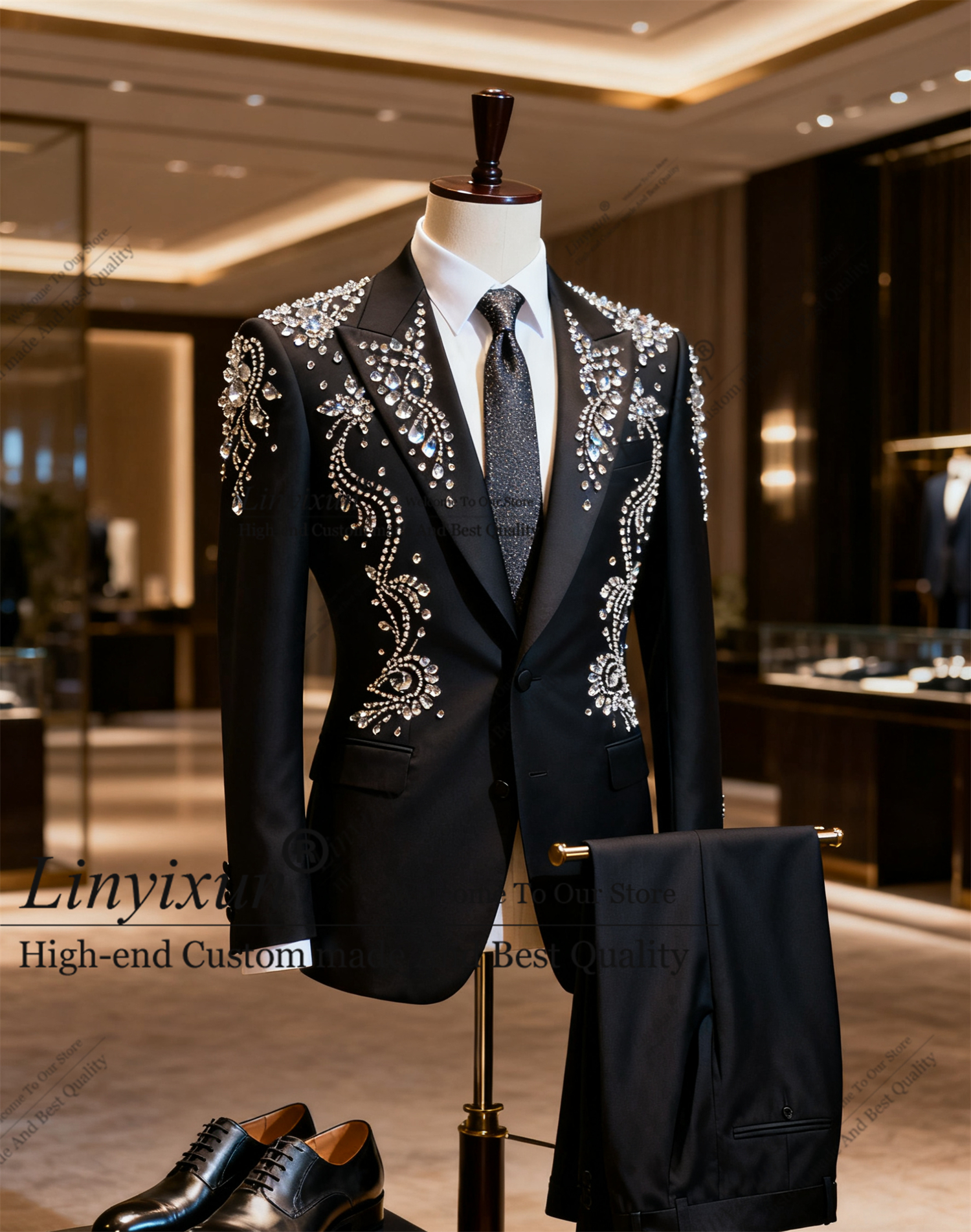 Luxo strass cristais ternos masculinos 2 peças define noivo masculino blazers formal casamento smoking personalizado fino ajuste ropa hombre