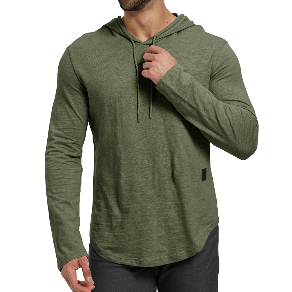 Camiseta Masculina de Manga Longa em Cor Sólida com Design de Capuz, Moda Respirável, Leve, Confortável, em Algodão