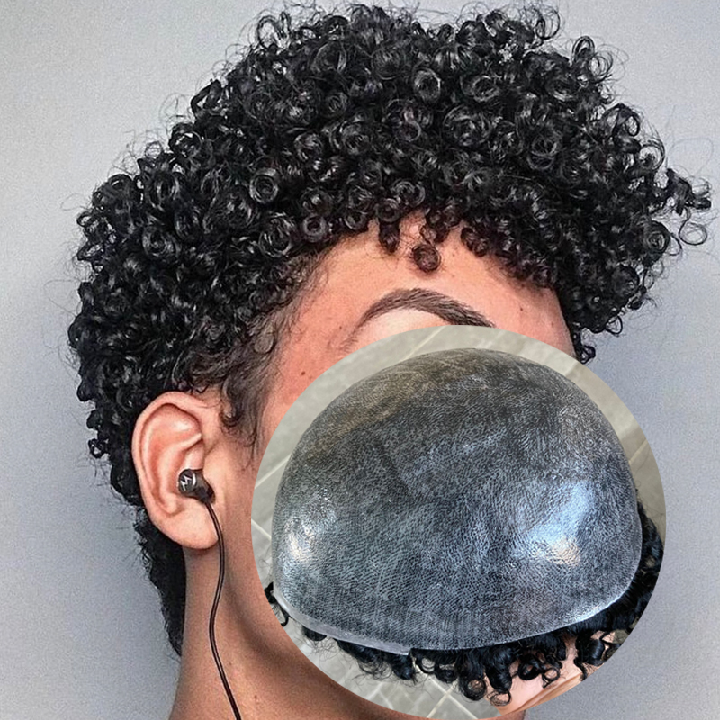 15mm kręcone męskie peruki trwała tupecik do skóry afroamerykańskie ludzkie włosy Microskin pełne poli PU Afro fala męska proteza kapilarna