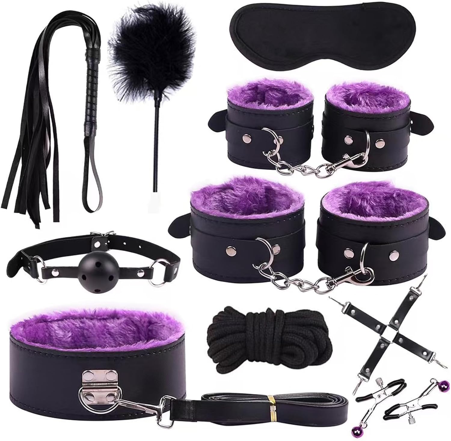 Kits de bondage sexuel, jouets de contrainte BDSM 10 pièces, menottes, attaches de cheville, pinces, morsure de bouche, bandeau, corde, en cuir, ensemble de restraints, jouet de jeu de rôle SM pour débutants, kits BDSM (Violet-10 PIÈCES)