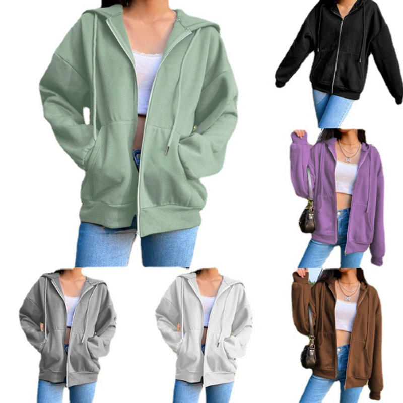 Sudadera con capucha de lana de Color sólido, sudaderas de moda coreana, Top de manga larga, bolsillos con cordón, sudaderas sueltas con cremallera, Otoño, negro