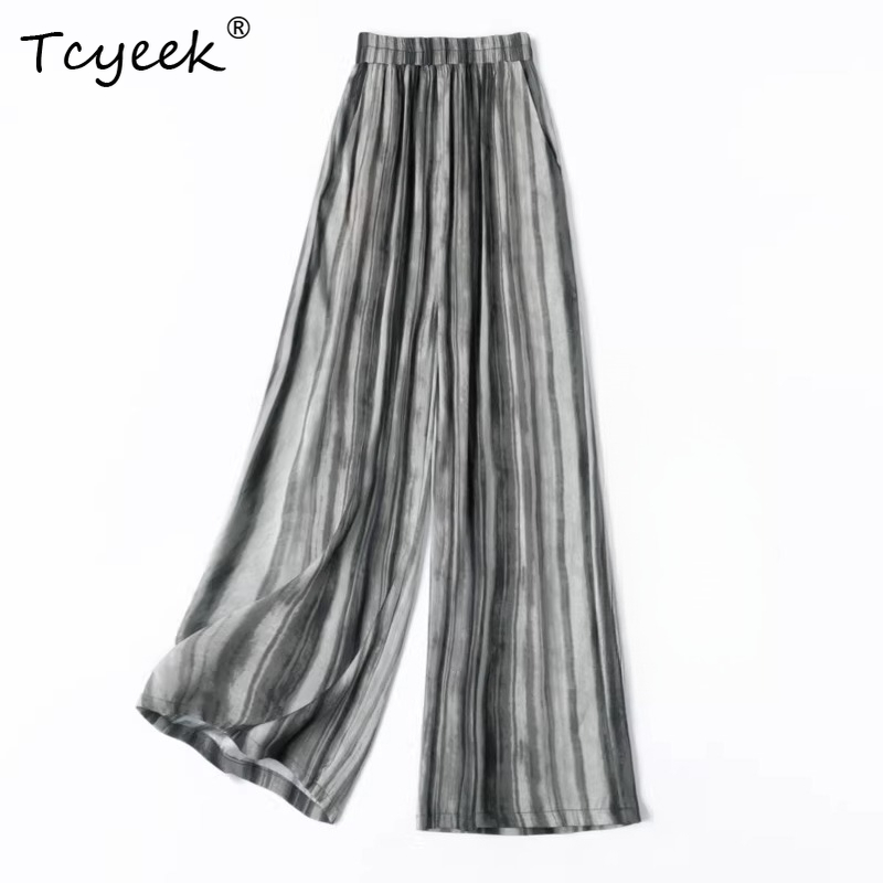 Tcyeek 93% Echte Moerbei Zijde Broek Vrouwen 21MM Zijde Vrouw Kleding 2026 Elastische Taille Vintage Wijde Pijpen Broek Pantalones De Mujer