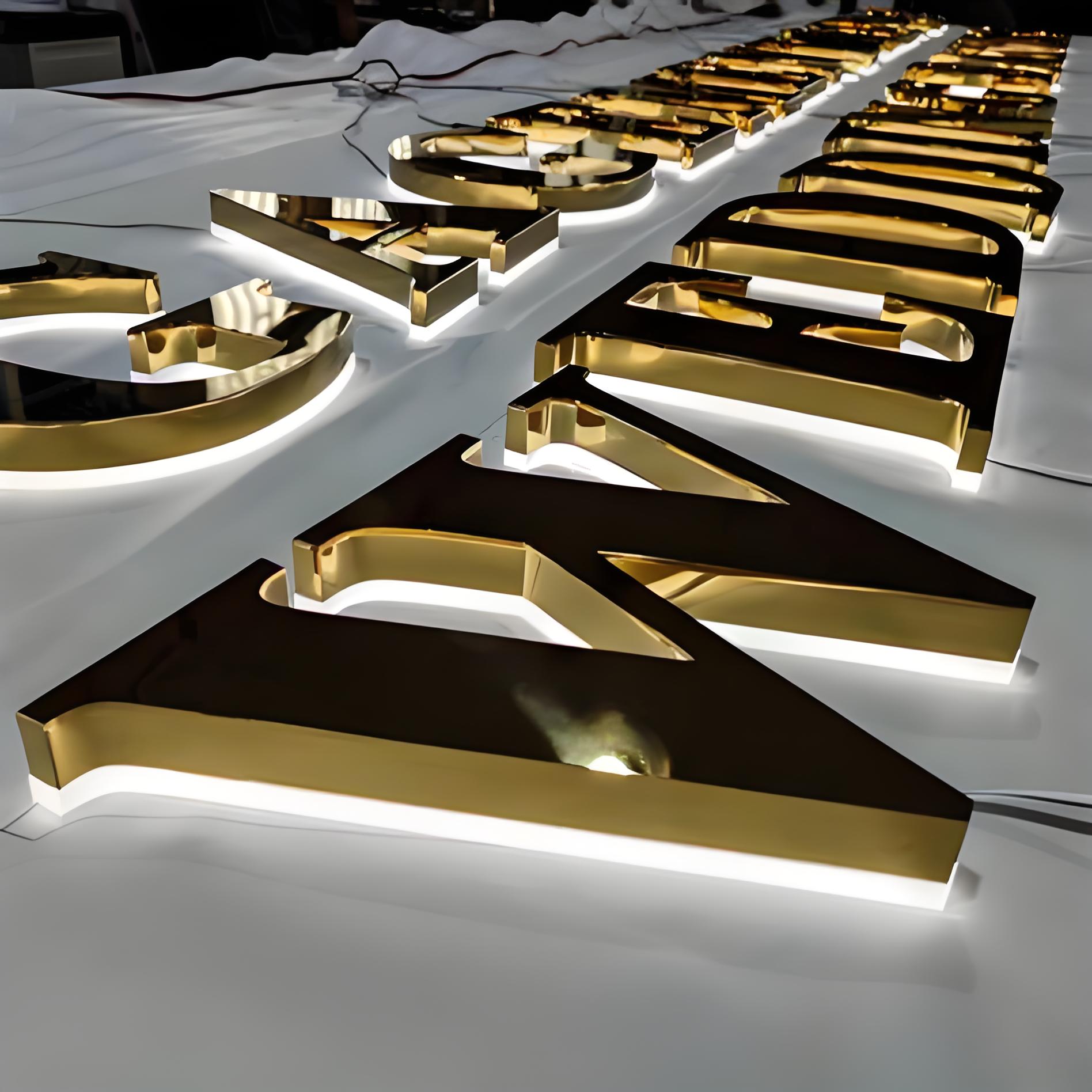 Señales de letras LED retroiluminadas de acero inoxidable para exteriores personalizadas, señalización de tienda con iluminación trasera LED, letras de nombre publicitarias LED iluminadas con halo