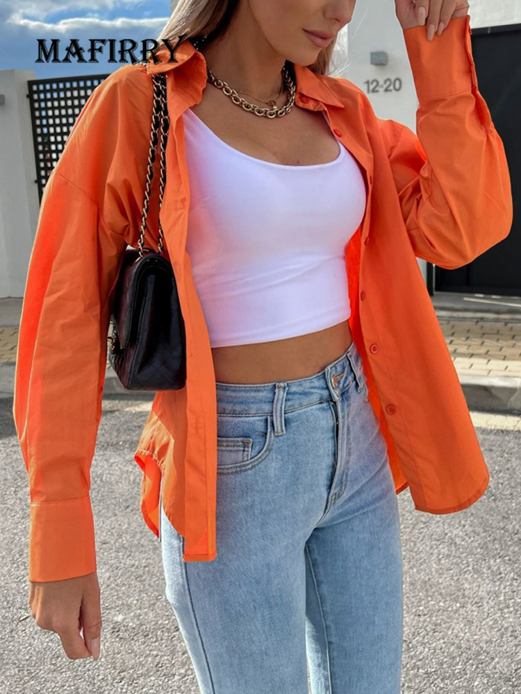 Casual V-ausschnitt Langarm Frauen Shirts Solide Dünnes Streetwear Taste Bluse Büro Dame Lose Alle Spiel Frühling Herbst Orange tops
