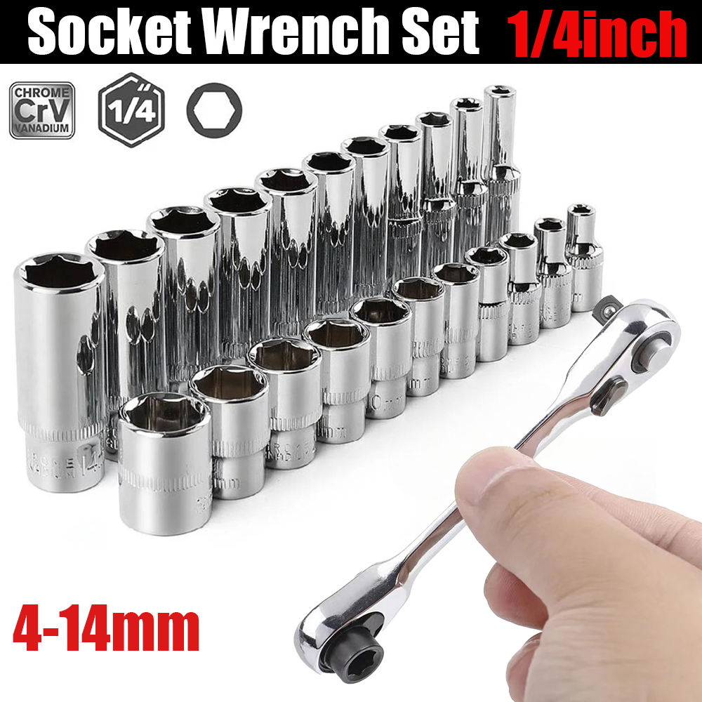 Set di bussole profonde da 1/4 pollici Set di bussole corte esagonali a 6 punti Chiave a cricchetto Chiave a bussola a cricchetto con azionamento da 72 denti