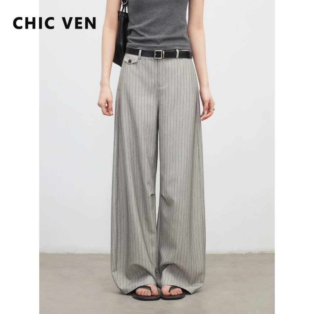 CHIC VEN Nova Moda Calças Femininas Soltas Casuais com Padrão Espinha de Peixe para Escritório, Calças de Terno TR de Perna Larga com Bolso Lateral Primavera Verão 2026