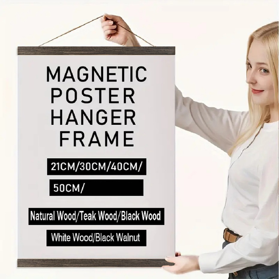 Porte-affiche magnétique en bois de teck enrichi, cadre de peinture en rouleau, cadre photo en bois, cadre en toile noire et blanche, 5 couleurs, 21 cm, 30 cm, 40 cm, 50cm