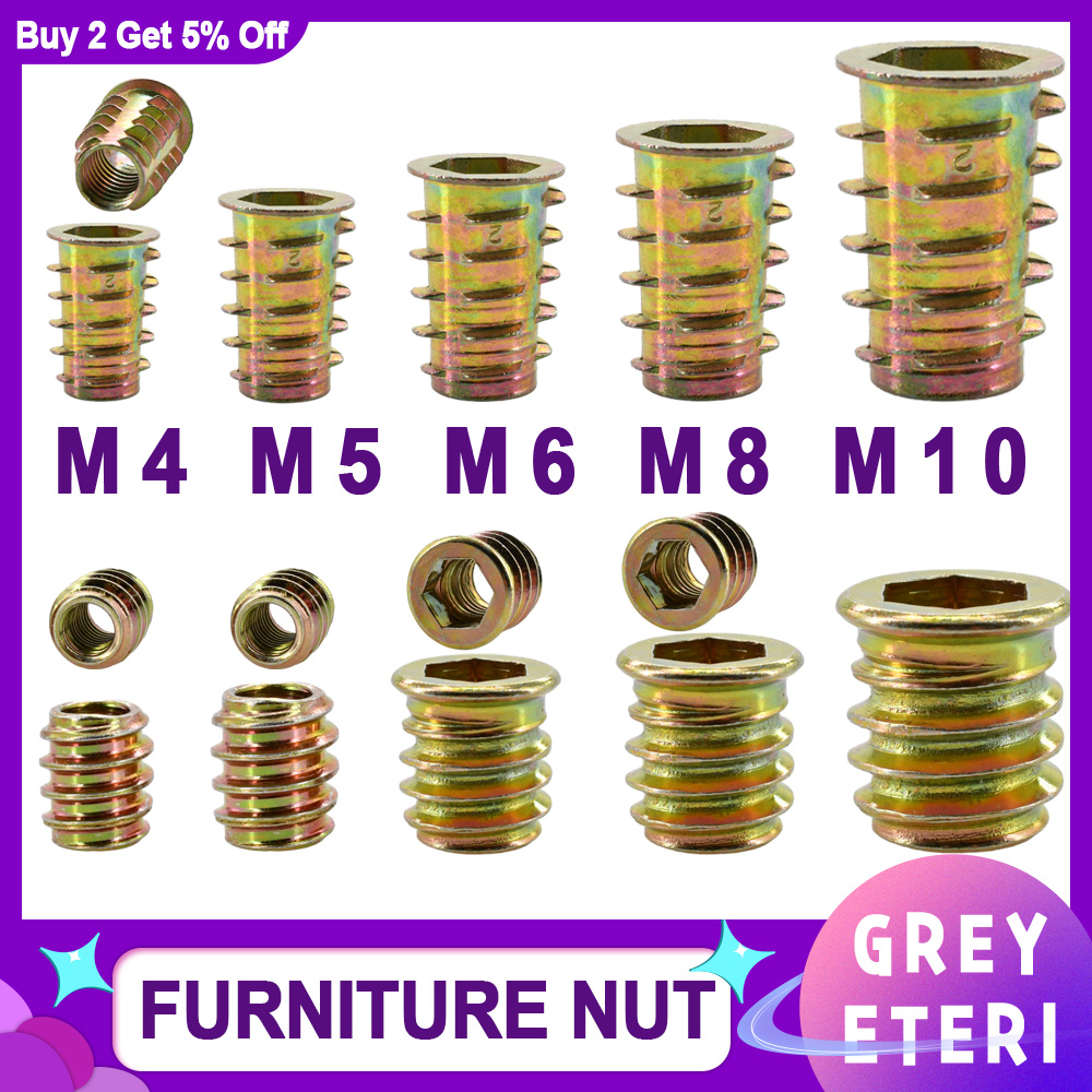 Tuerca para muebles M4 M5 M6 M8 M10, tuercas de inserción hexagonales de aleación de Zinc tipo T para carpintería, mesa de inserción de madera, escritorio, silla, cama, Nutsert