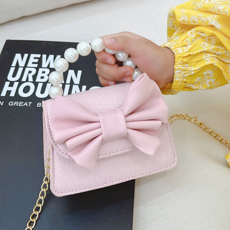 Monedero con lazo para niños, bolsos de princesa con asa de perla, bolsos de hombro de cuero Pu para niñas, bolsos cruzados con cadena