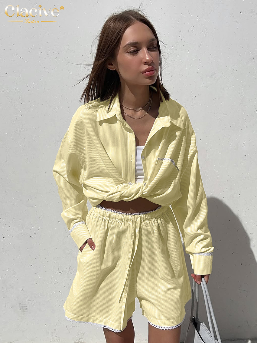 Clacive Fashion Loose Yellow Stripe Women's Two Pieces Set 2025 Elegant Long Sleeve Shirt With High Waist Shorts Set Female