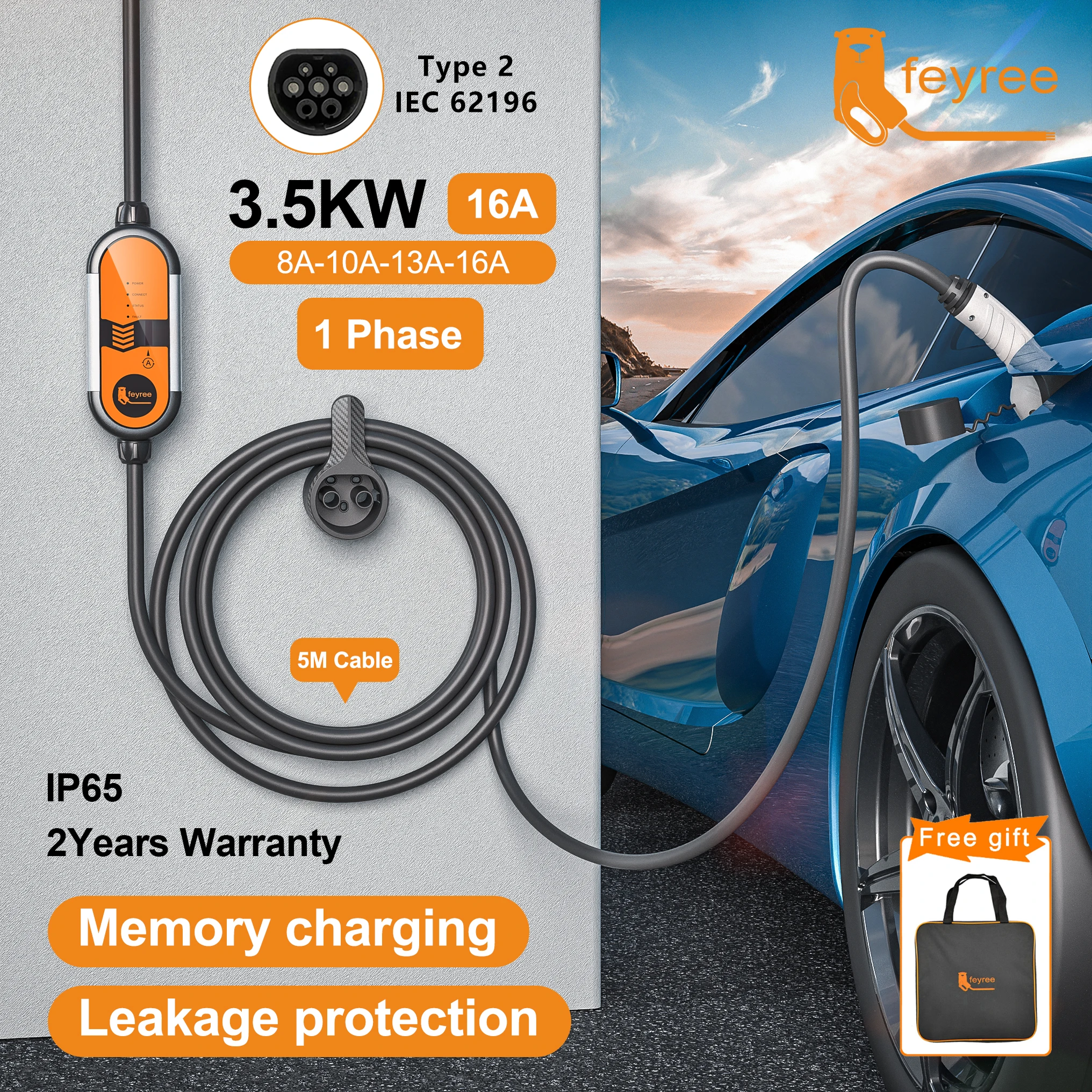 Feyree Type2 16A 3.5KW Carregador EV portátil EVSE Cabo de carregamento 5m com corrente de plugue Schuko ajustável para carregador de carro elétrico