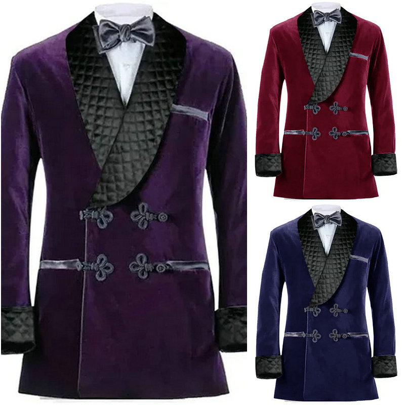 Double Breasted Paars Fluwelen Rokende Jassen Zwart Sjaal Revers Formele Smoking Losse Vintage Retro Party Prom Pak Blazer Sets