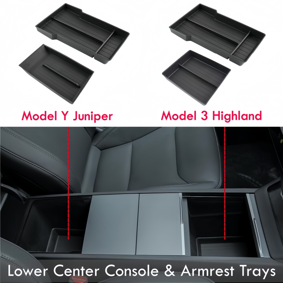2 Vassoi Organizzatori per Console Centrale Inferiore e Bracciolo per Tesla Model Y Juniper / Premium / Performance e Model 3 Highland 2025-