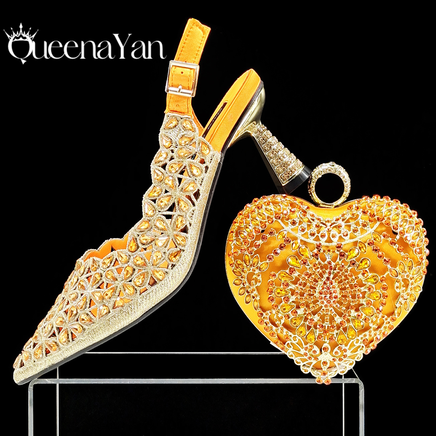 QSGFC Nieuwe INS Mode Stijl Strass Uitsparing Party Hakken Puntschoen Oranje Dameshak Schoenen en Tassen