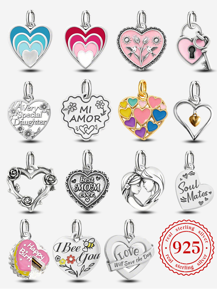 Ciondoli Vintage Regolabili in Argento Sterling 925, Charm a Forma di Cuore alla Moda, Perline per Bracciali e Collane Originali, Gioielli Fai-da-Te