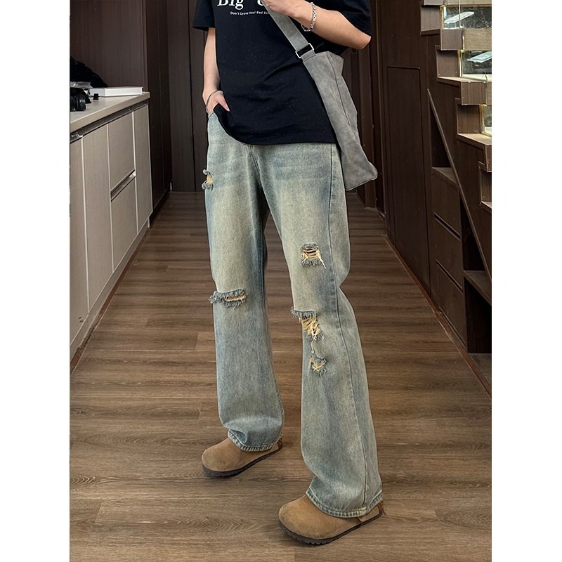 Pantaloni da uomo, jeans larghi, jeans strappati, gamba dritta, stile retrò estivo, casual, per uomo