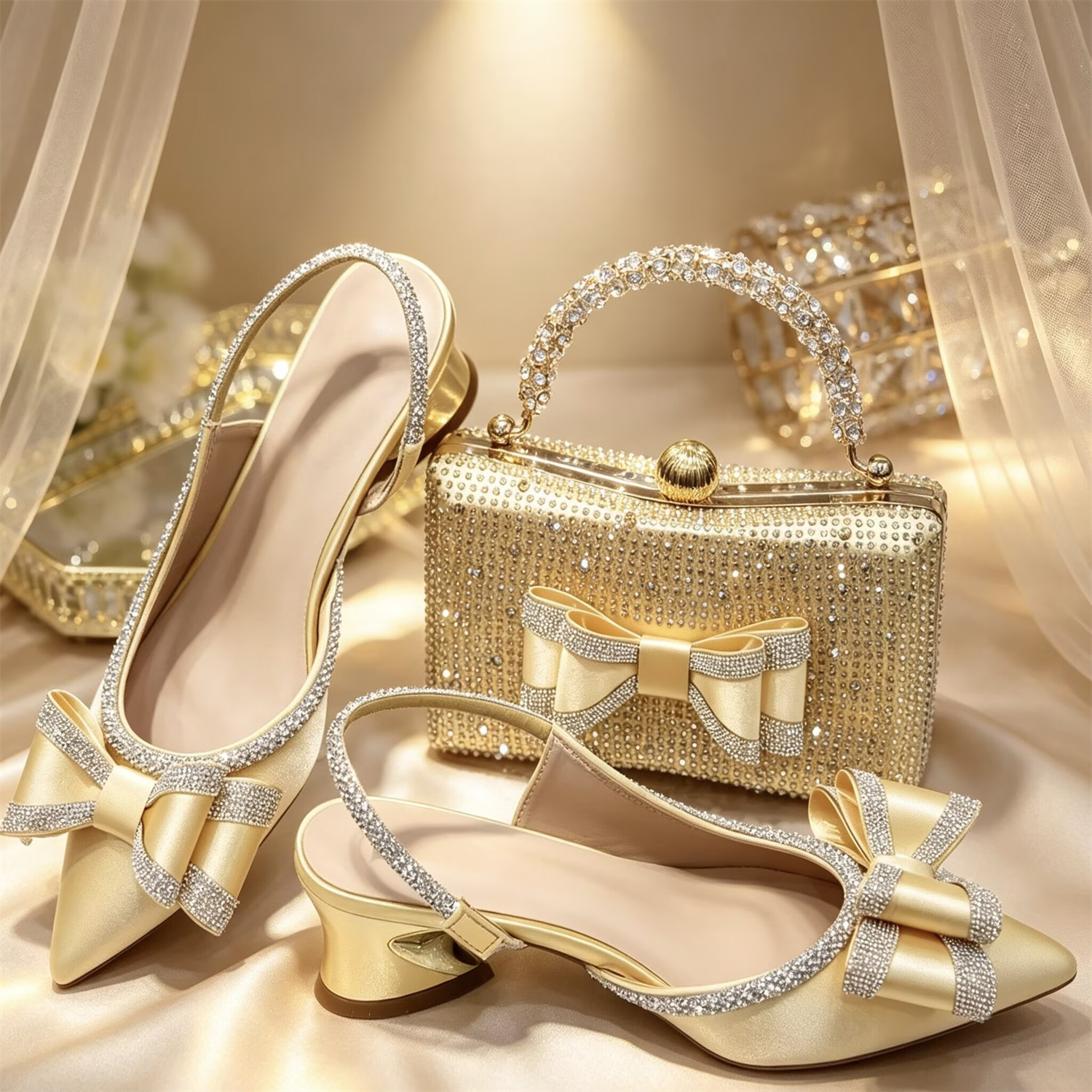 Elegantes Set aus goldfarbenem Satin-Slingback-Schuh mit Strass-Schleife und passender Clutch-Tasche, Damen-Braut-Set für Hochzeiten, Partys, Abende und Abschlussbälle