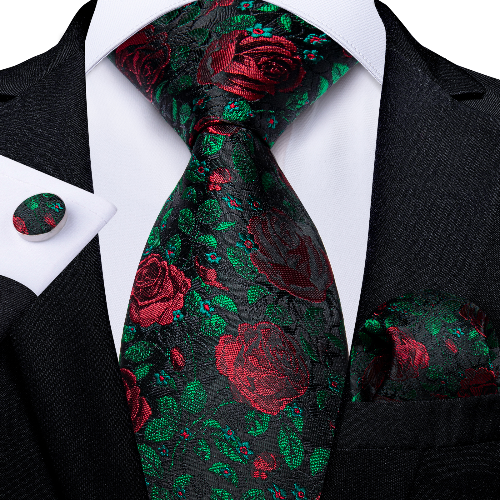 Rode Roos Bloemen Groen Zijden Dassen Voor Mannen Klassieke 8Cm Business Wedding Party Accessoires Pocket Vierkante Manchetknopen Gift Dropshipping