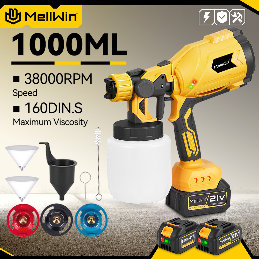 MELLWIN 1000 ml kabellose elektrische Farbspritzpistole mit 4 Kupferdüsen, tragbares HVLP-Farbspritzgerät für Makita 18 V Batterie-Pin