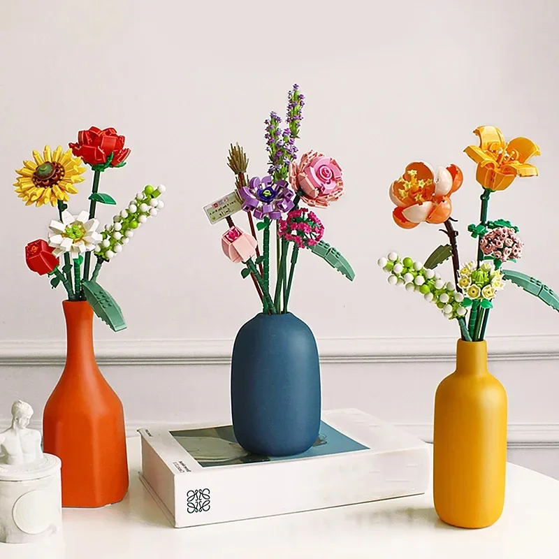 Romantische Rose Blumen Blumenstrauß Bausteine Sonnenblumen Modell Ziegel kreative Desktop-Dekoration Kinder DIY Spielzeug Mädchen Geschenke