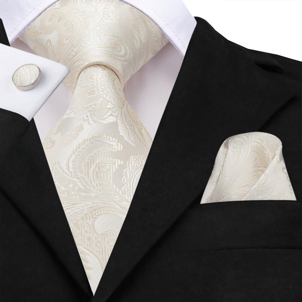 Ivoor Champagne Paisley Bruiloft Stropdas Voor Mannen Handky Manchetknoop Gift Heren Stropdas Fashion Design Business Party Dropship Hi-Tie