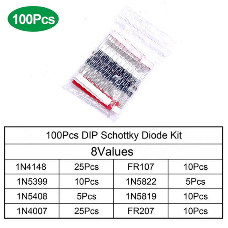 Kit de Componentes Eletrônicos com 100PCS de Diodos Schottky de Comutação Rápida, 8 Valores: 1N4148, 1N4007, 1N5819, 1N5399, 1N5408, 1N5822, FR107, FR207