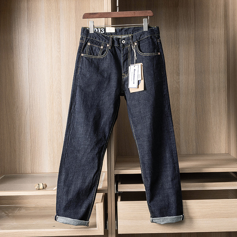 Jeans Giapponesi Raw Blue Selvedge Denim Lavato da 15oz per Uomo, Pantaloni Casual Vintage Amekaji 100% Cotone, Gamba Dritta e Vestibilità Comoda