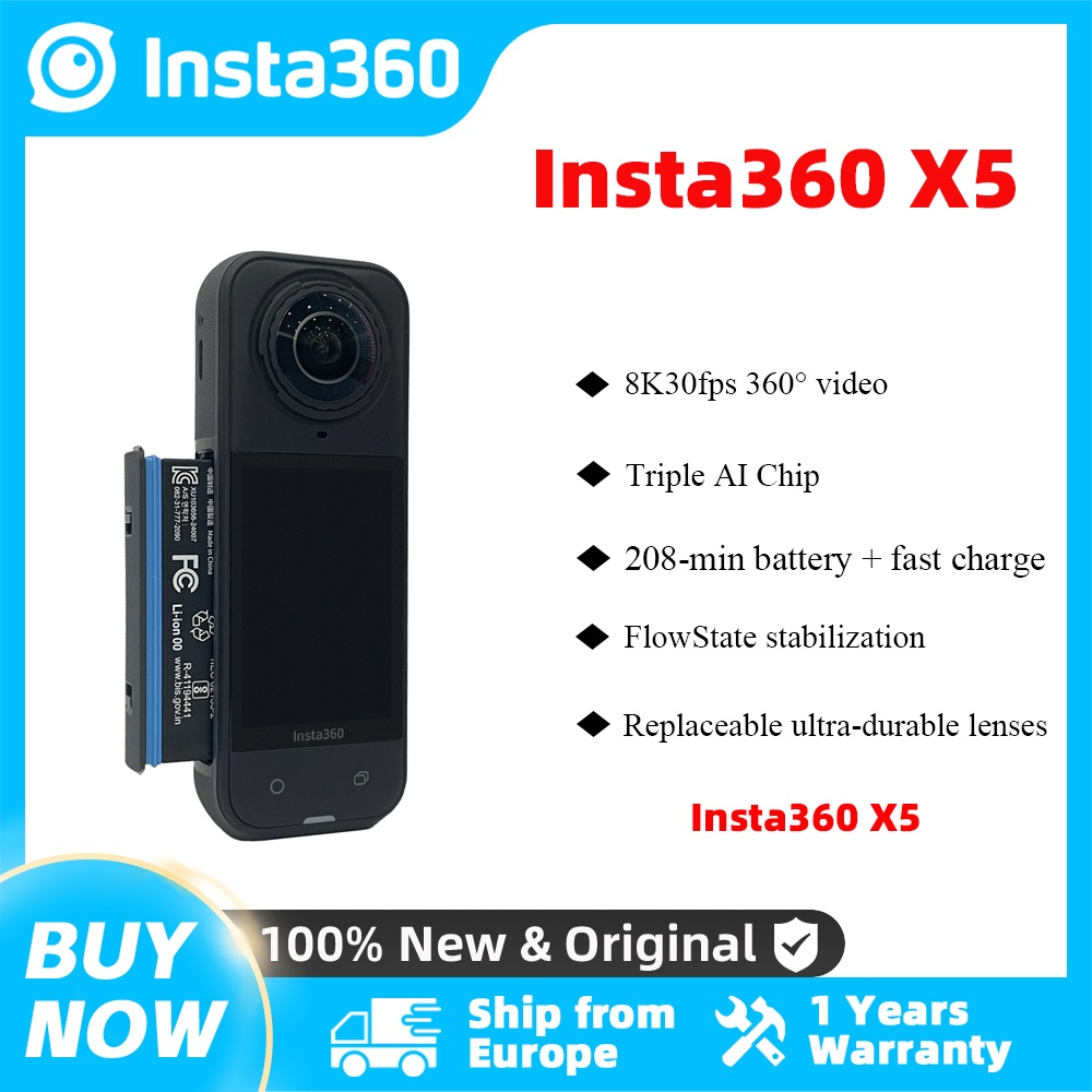 Top Insta360 X5 Neue Action-Kamera 8K 30fps Austauschbare Linsen Dreifach-AI-Chip Überlegene Leistung bei Schwachlicht 185 Minuten Laufzeit Insta360 X5