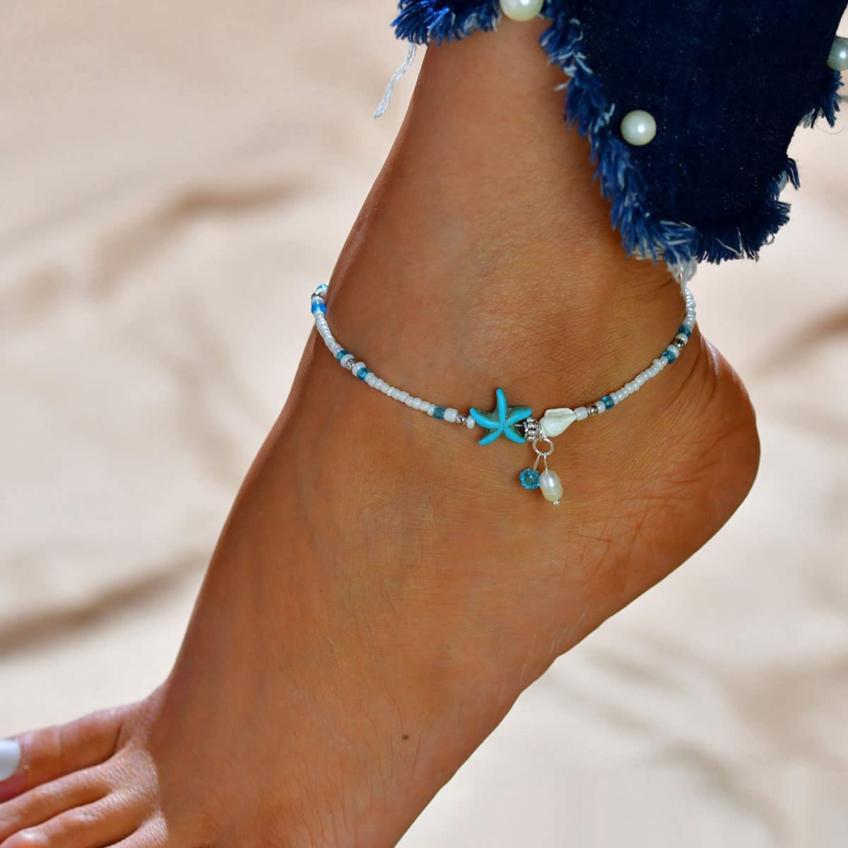 1Pc Boho Turquoise ปลาดาว Anklets ฤดูร้อน Conch ข้าวลูกปัดสร้อยข้อเท้าโซ่ปรับเครื่องประดับสำหรับผู้หญิงและหญิง
