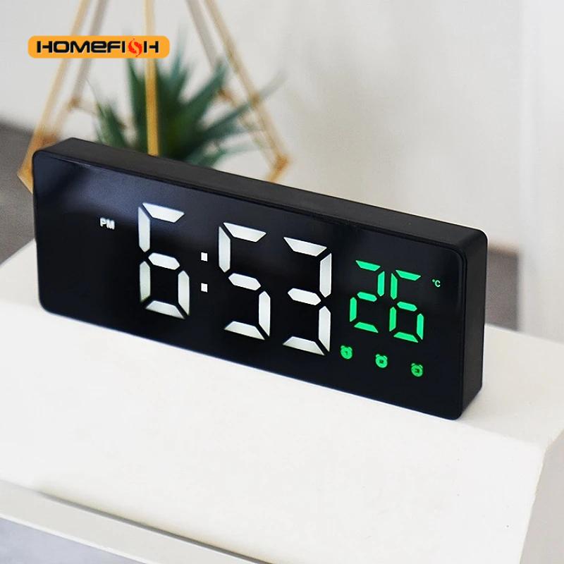 Sprachsteuerung, digitaler Wecker, Temperatur, Datumsanzeige, Schlummer-Tischuhr, 3 Alarme, 12/24 Stunden, Spiegel-LED-Uhr mit USB-Kabel