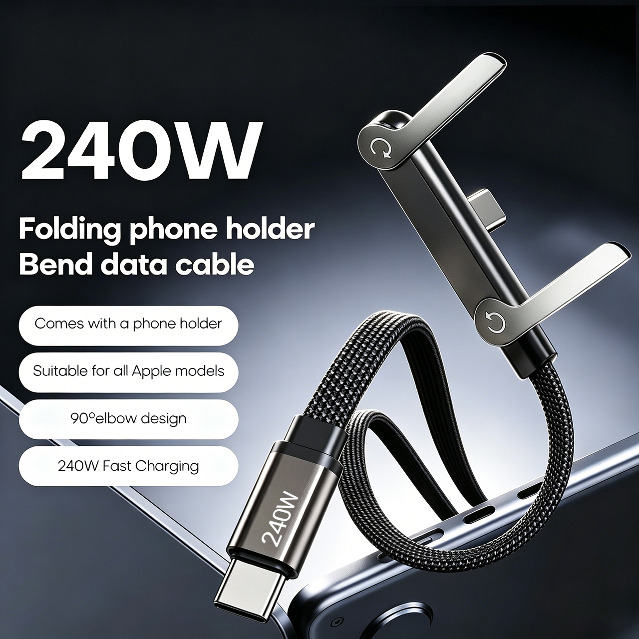 240W PD Fast Charging Type C to Type C Cable USB C to Type C Cable with Foldable Stand Phone Holder For iPhone 15 Xiaomi HUAWEI