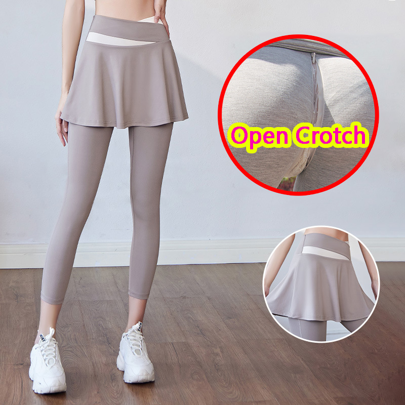 Mallas de entrepierna abierta para mujer, con falda falsa, con cremalleras ocultas, bragas sin entrepierna, elásticas, ajustadas, pantalones deportivos para chica, regalos