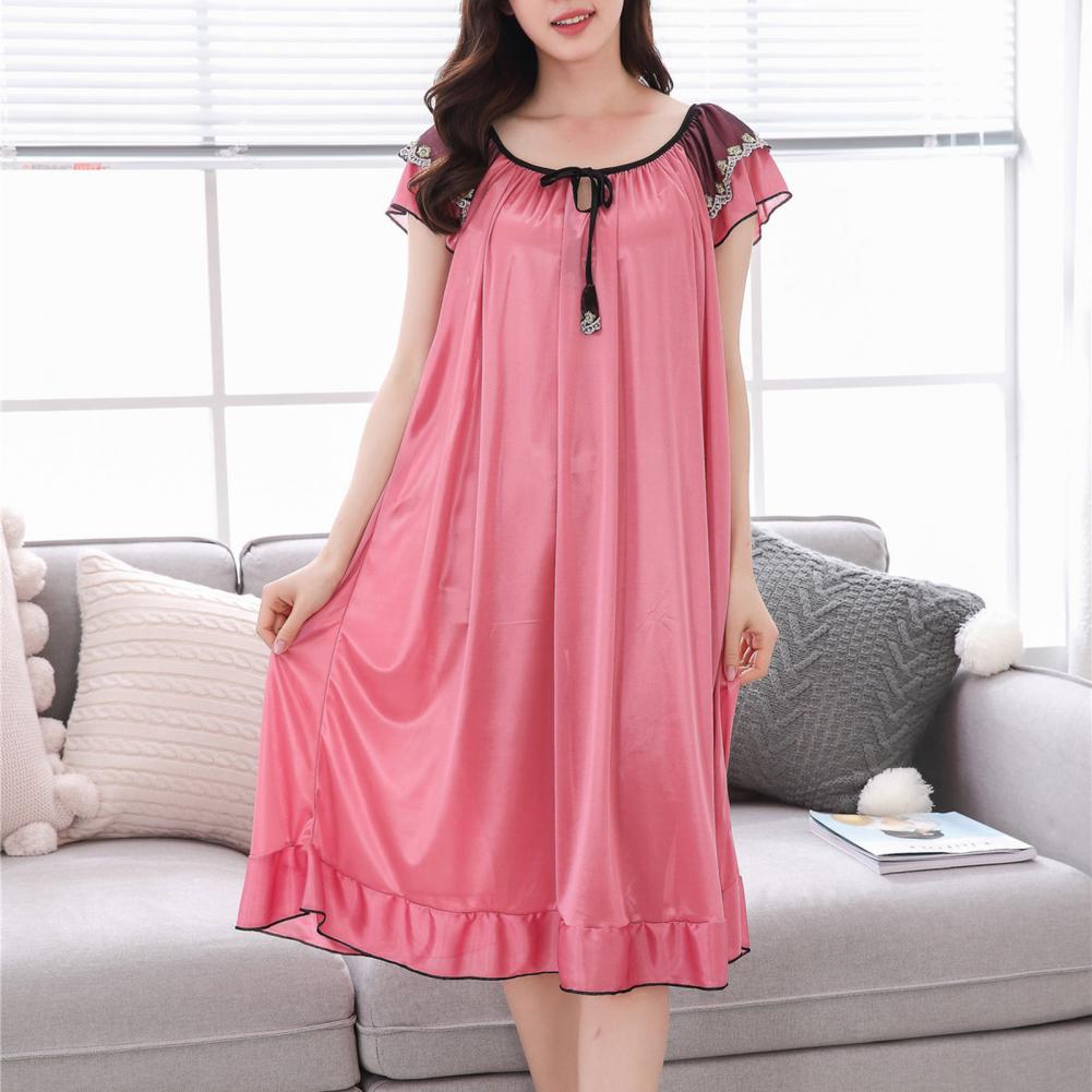 Camicia da Notte da Donna in Finto Raso, Vestito Largo con Scollo a O, Maniche Corte con Lacci, Orlo Arricciato, Abito Estivo per Dormire 80%