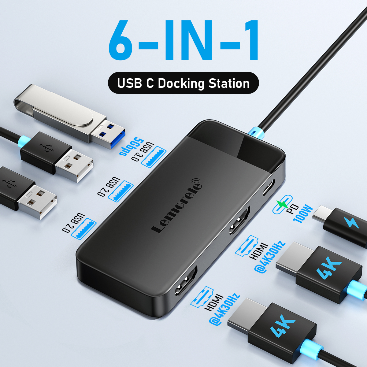Lemorele TC122 USB C HUB Dual HDMI 4K Док-станция USB 3.0 PD 100 Вт Тип C Порт для Macbook iPad M2 M1 Steam Deck