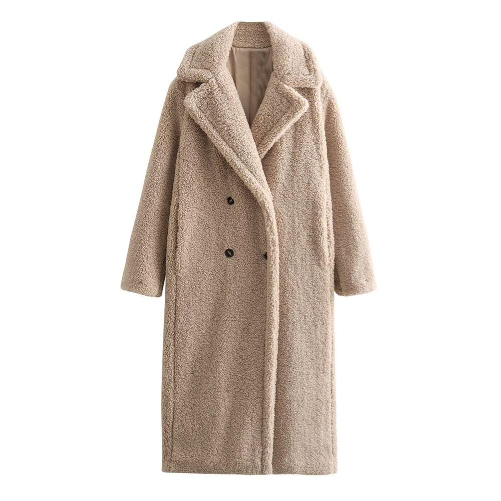 PB&ZA Damen 2024 Herbst und Winter neuer Revers langärmeliger zweireihiger Lammwoll-Fleece-Langmantel