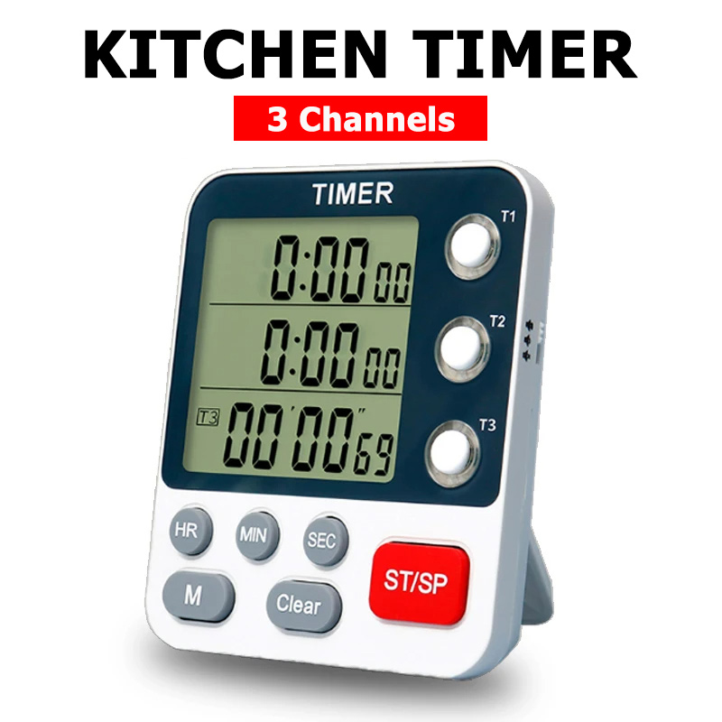 Jam Alarm dapur Digital 3 saluran, Timer hitung atas/bawah dapat disesuaikan dengan 3 tingkat Volume Alarm Tampilan LCD, Timer berkedip senyap