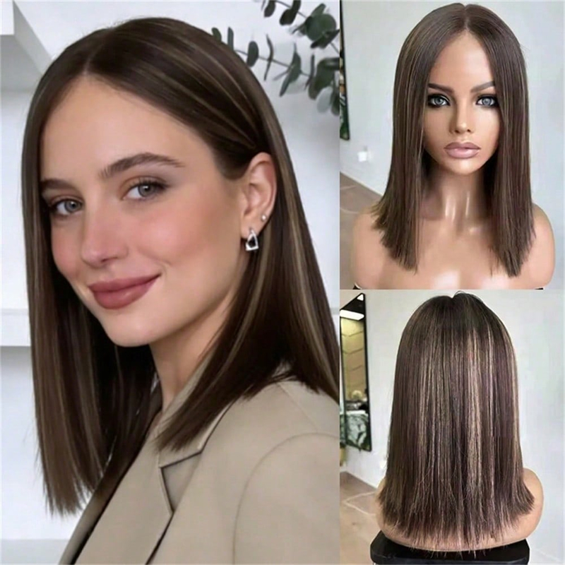 Peluca frontal de encaje marrón oscuro con reflejos rubios y raíces oscuras, balayage rubio marrón, peluca sintética resistente al calor para mujer