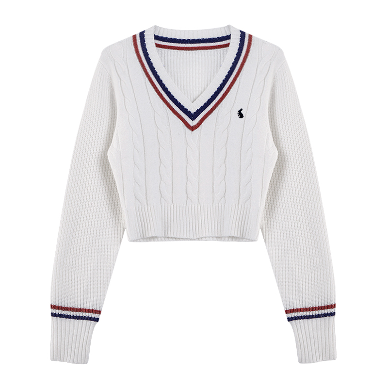 Yuoomuoo koreanische Mode Pullover Frauen Herbst V-Ausschnitt y2k Cartoon Stickerei Strick oberteile Winter weiche Basic Langarm Pullover