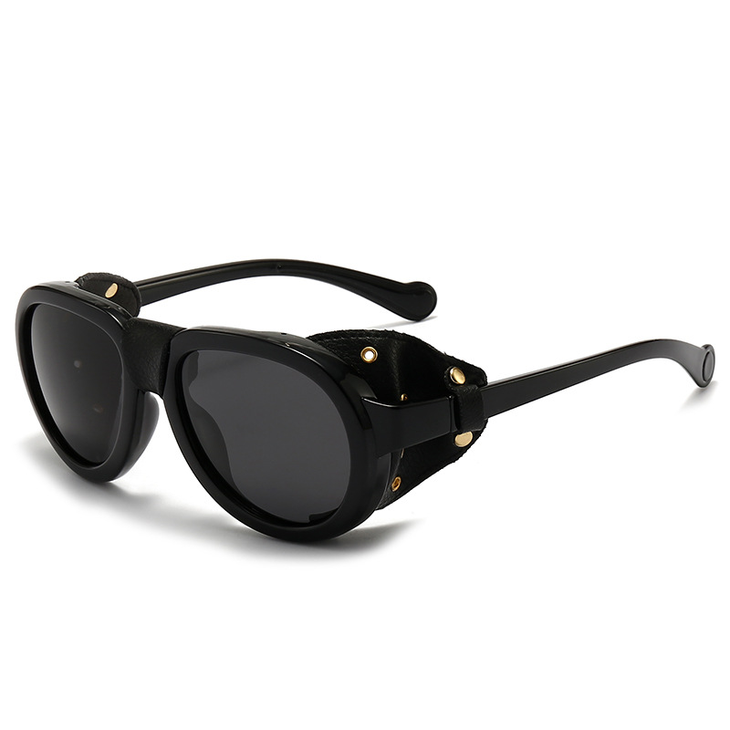 Oversized Men Polarized Sunglasses For Women Luxury Brand Design Round Steampunk Leather Eyeglasses Vintage Oculos UV400 Gafas