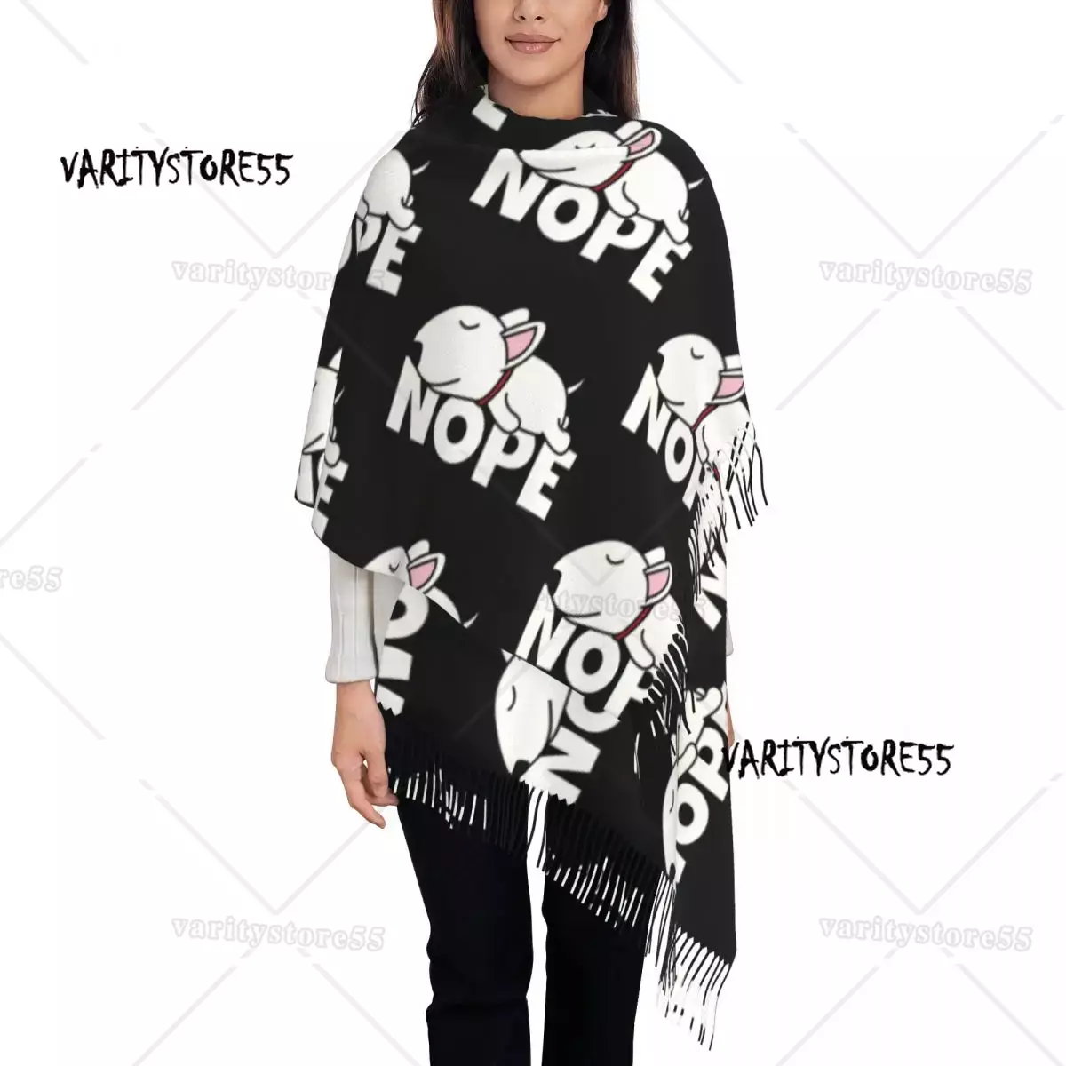 Nope Bull Terrier Dog Lazy Tassel Scarf Women Soft Animal Pet Shawl Wrap Ladies Winter Fall Scarves