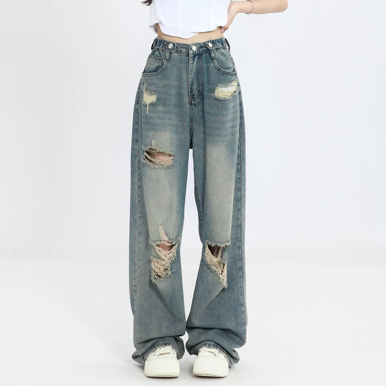 Vintage buraco y2k calças de brim femininas cintura alta perna larga solta perna reta hip-hop street wear até o chão calças jeans