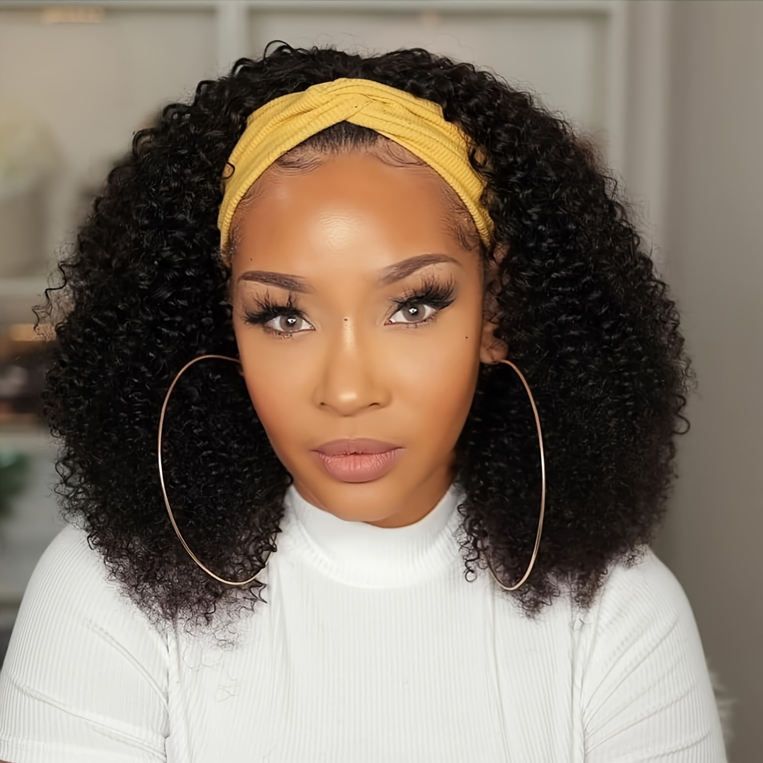 Peluca con Diadema de Cabello Humano Rizado Kinky con 200% de Densidad, Cabello Remy Brasileño, Hecha a Máquina, para Mujeres, Peluca con Diadema de Cabello Humano con Ondas Rizadas Frontales, Color Negro Natural