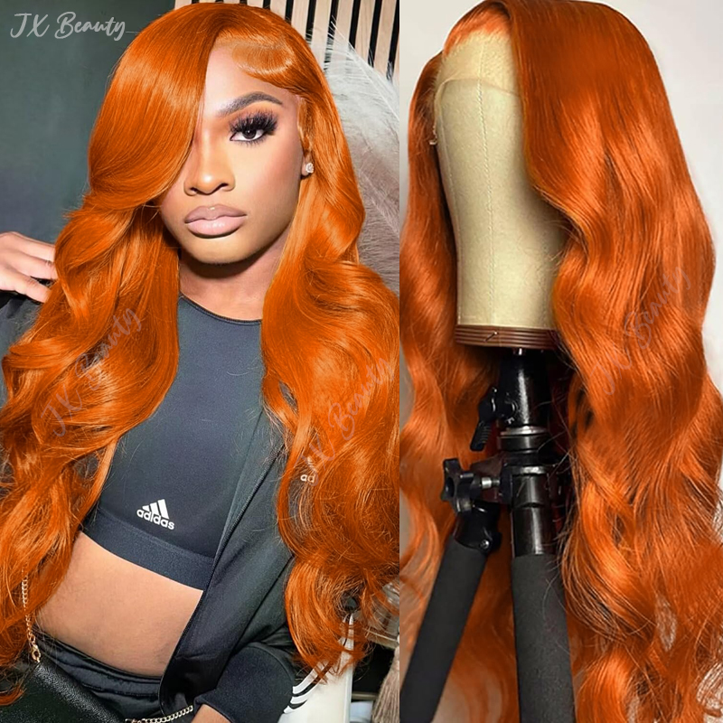 Gengibre laranja onda corporal 13x6 peruca frontal de renda transparente cabelo humano para mulheres # 350 linha fina natural pré-arrancada colorida 200%