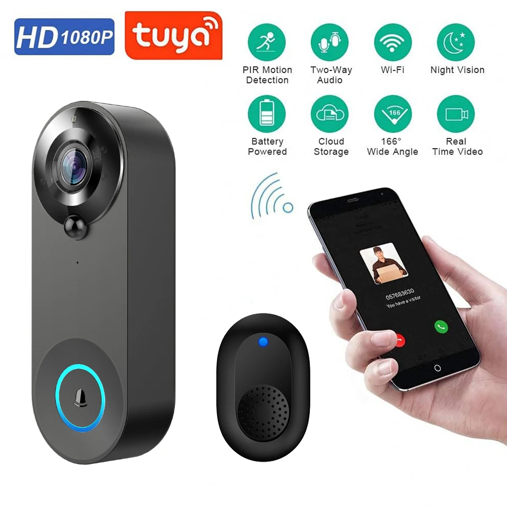 Tuya Smart Home 1080P timbre inalámbrico WIFI Video intercomunicador timbre de puerta con cámara para protección de seguridad detección de movimiento PIR