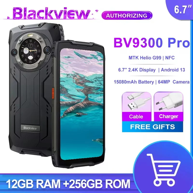 Blackview BV9300 Pro Smartphone robusto com tela de 6,7 polegadas 12GB 256GB Helio G99 15080mAh Bateria 64MP Câmera 33W Telefone