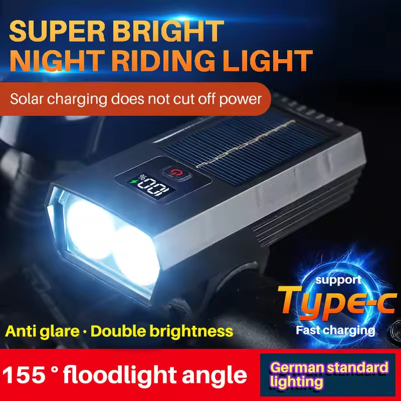 Luz multifunción para bicicleta de montaña y carretera, pantalla Digital, resistente al agua, carga Solar, luz de conducción, luz frontal para bicicleta