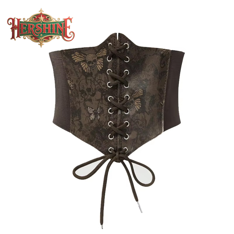 HERSHINE Cinturón ancho elástico con estampado de calavera, mariposa y polilla vintage marrón para mujer, estilo Harajuku gótico Y2K, primavera, verano