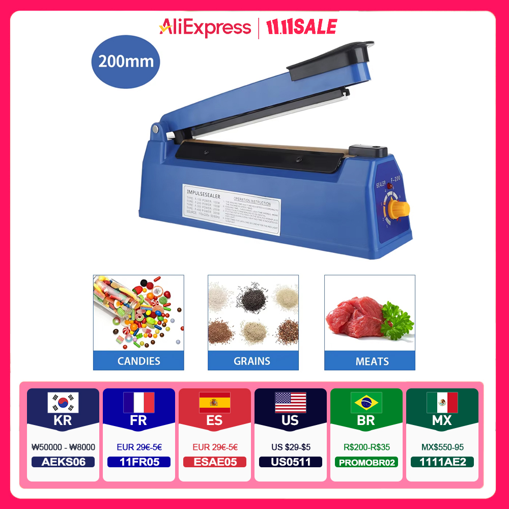Máquina selladora térmica Manual de sellador de impulso para bolsas de plástico de 8 pulgadas, selladores de bolsas de envoltura retráctil, máquina envasadora selladora al vacío
